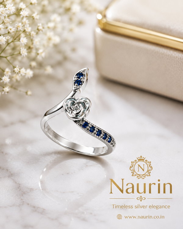 Elegant Blue Sapphire Rose 925 Silver Ring