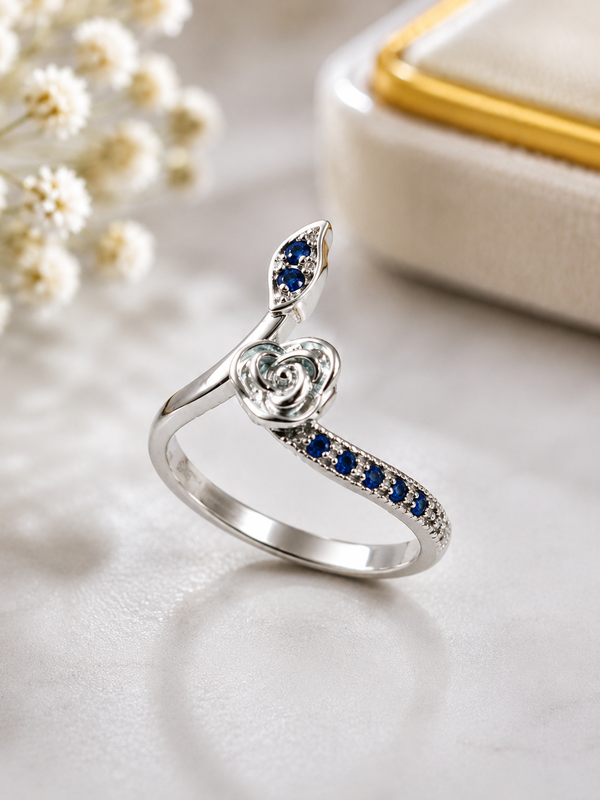 Elegant Blue Sapphire Rose 925 Silver Ring