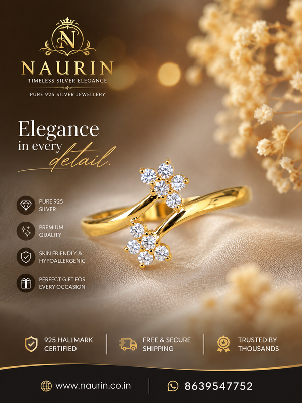 Naurin 925 Silver/ Gold-Plated Floral CZ Ring – Elegant Ring.