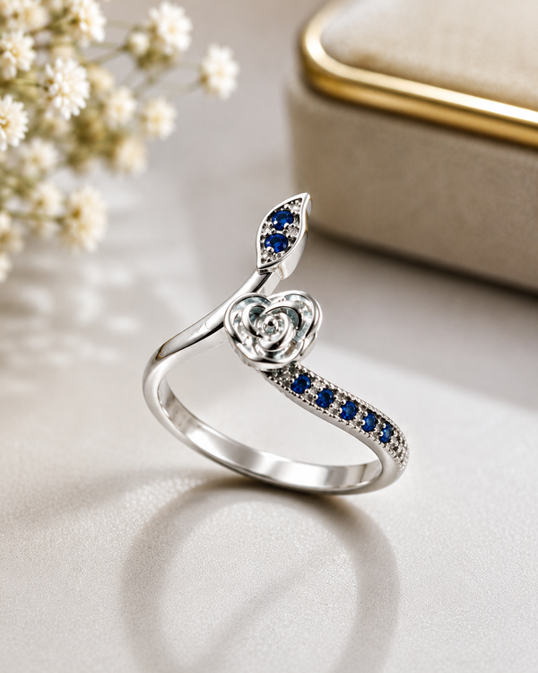 Elegant Blue Sapphire Rose 925 Silver Ring