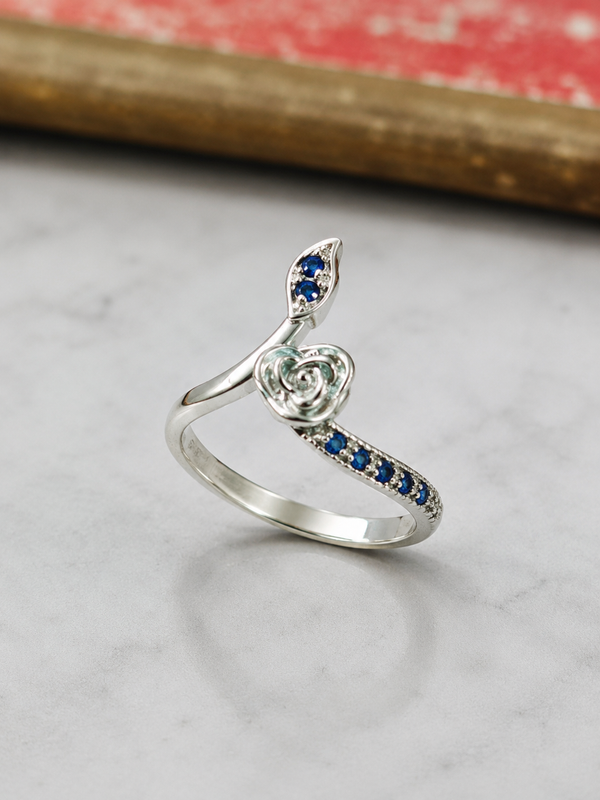 Elegant Blue Sapphire Rose 925 Silver Ring